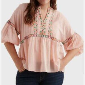 Lucky Brand Women’s Pink Embroidered Peasant Top - Size 1X